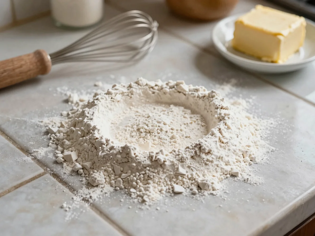 Close-up overhead of flour, butter and whisk arranged on a tiled Indonesian kitchen counter, soft natural daylight, warm