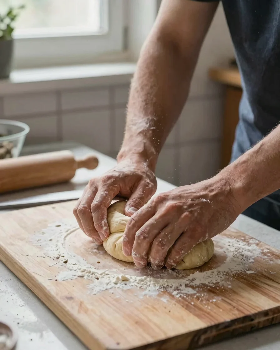 Hands kneading dough on a wooden board in a tiled home kitchen, natural window light, flour visible in the air, honest u